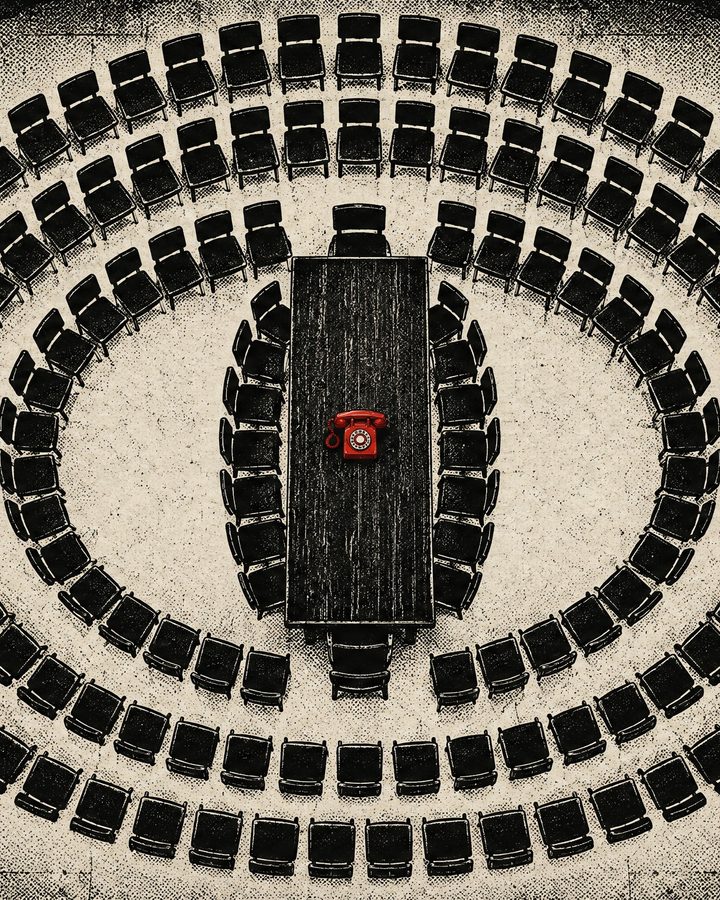 An overhead view of an empty amphitheater around a long table with one red telephone