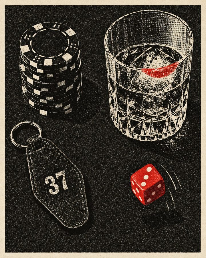 Poker chips, a whisky glass, a numbered key tag and a red die on black felt
